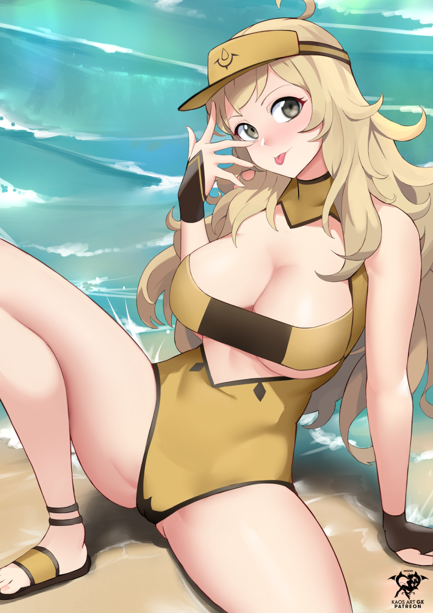 1girl 1girl :p ahoge alternate_breast_size alternate_costume arm_support artist_name bare_shoulders beach big_breasts blonde_hair cleavage commentary fingerless_gloves fingernails fire_emblem fire_emblem_fates gloves grey_eyes hat high_res intelligent_systems kaos_art knee_up long_hair nintendo one-piece_swimsuit ophelia_(fire_emblem) outside patreon_username sandals sitting spread_legs swimsuit thighs tongue tongue_out under_boob visor_cap water wavy_hair yellow_hat yellow_one-piece_swimsuit