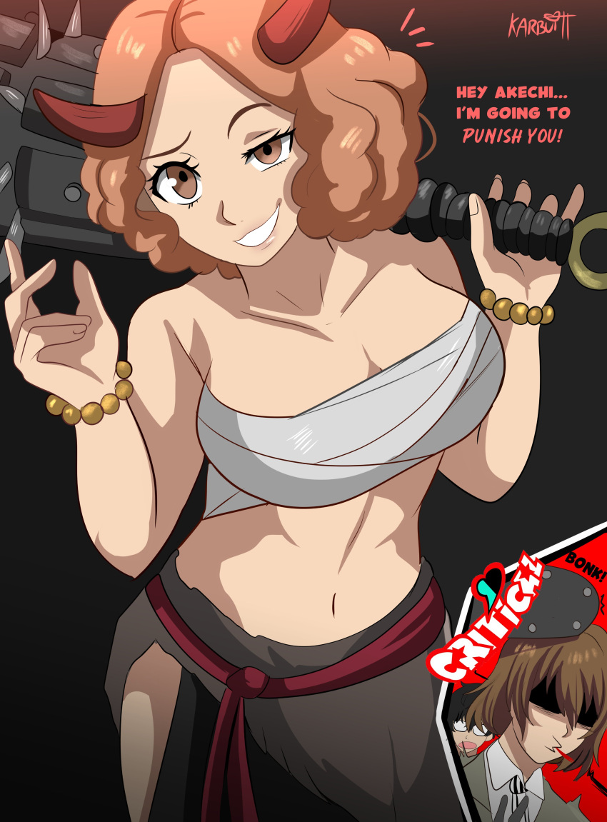 1girl 1girls 2boys atlus big_breasts bracelet bracelets breasts brown_eyes devil_horns english_text fake_devil_horns fake_horns goro_akechi halloween haru_okumura horns karbuitt looking_at_viewer male navel persona persona_5 ren_amamiya short_hair text weapon
