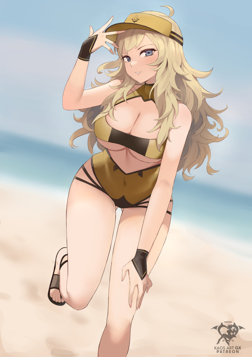 1girl 1girls alluring alternate_costume ass_visible_through_thighs bare_legs beach big_breasts blonde_hair blue_eyes cleavage covered_navel female_only fire_emblem fire_emblem_fates grin intelligent_systems kaos_art legs long_hair looking_at_viewer nintendo ocean one-piece_bikini ophelia_(fire_emblem) outside pose sandals smile swimsuit under_boob very_long_hair yellow_bikini yellow_one-piece_bikini