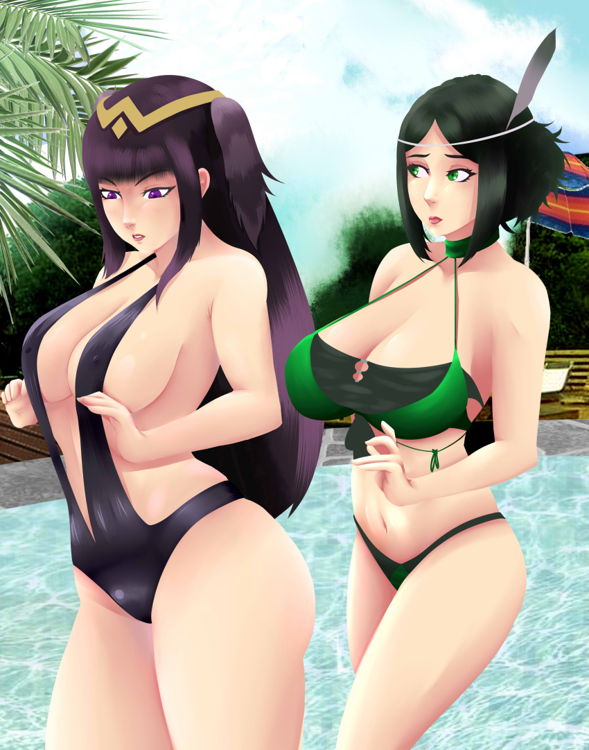 1girl 2_girls adjusting_clothes alluring alternate_costume arant_king ass bare_legs big_breasts bikini black_hair black_swimsuit cleavage covered_nipples feathers female_only fire_emblem fire_emblem_awakening fire_emblem_heroes fire_emblem_warriors green_bikini green_eyes green_hair green_swimsuit hair_ornament intelligent_systems lips long_hair mother_&_daughter multiple_females multiple_girls nintendo nipple_bulge noire_(fire_emblem) one-piece_swimsuit pool purple_eyes purple_hair short_hair sling_bikini swimming_pool swimsuit tharja tharja_(fire_emblem) thick_lips thick_thighs thong_bikini water