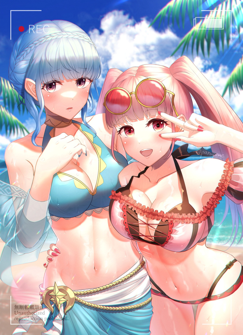 1girl 2_girls alluring alternate_costume bare_shoulders big_breasts bikini blue_bikini blue_hair blue_sky blue_swimsuit braid cleavage cloud collarbone crown_braid day eyewear_on_head female_focus fingernails fire_emblem fire_emblem:_three_houses fire_emblem_heroes hilda_valentine_goneril hilda_valentine_goneril_(summer) intelligent_systems long_hair marianne_von_edmund marianne_von_edmund_(summer) multiple_females multiple_girls navel nintendo ocean official_alternate_costume outside parupome peace_sign pink_bikini pink_hair pink_swimsuit round_eyewear smile standing stomach sunglasses swimsuit twin_tails very_long_hair