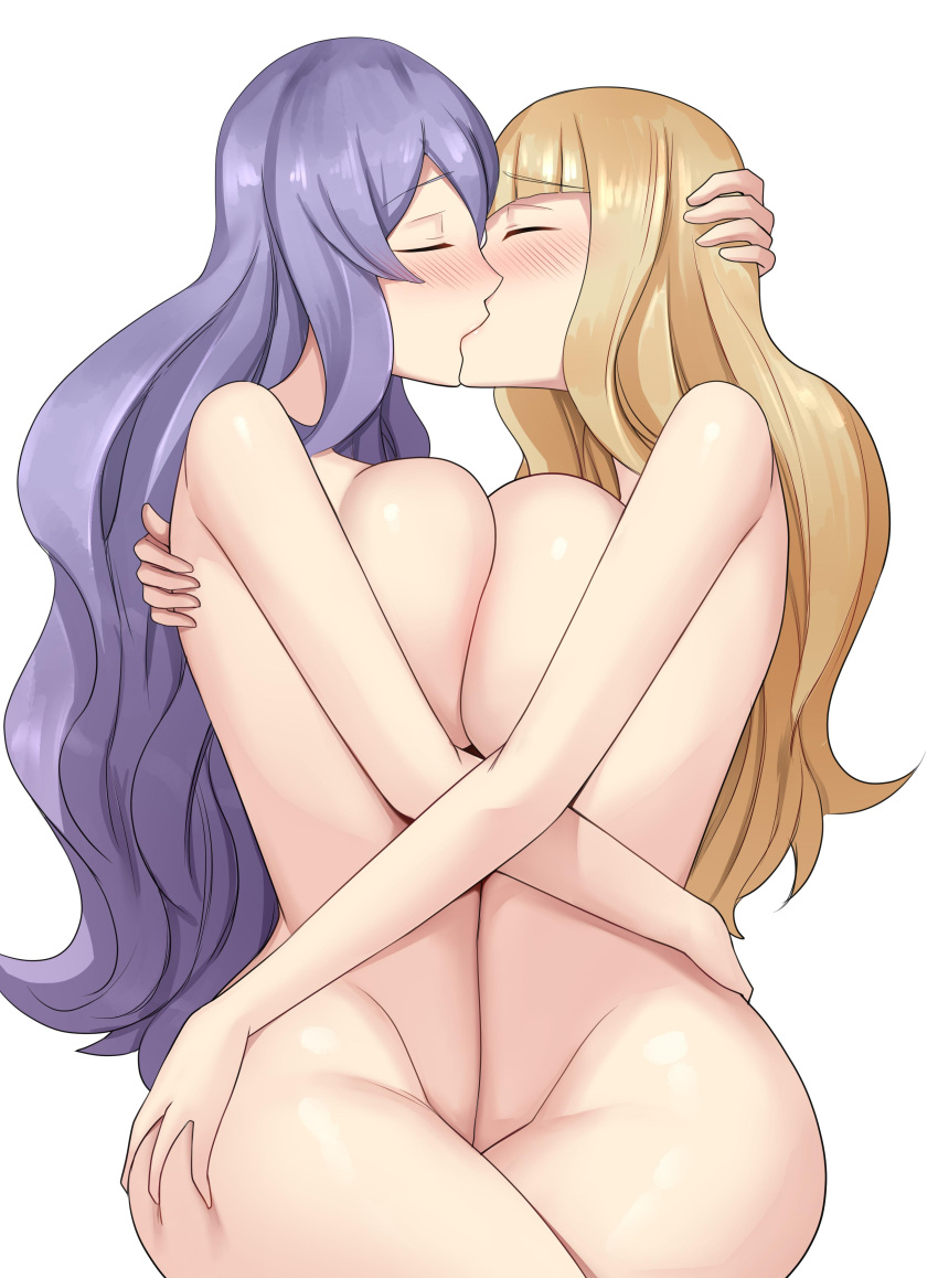 1girl 2_girls alluring ass ass_grab bangs big_breasts blonde_hair blush breast_press breast_squish camilla_(fire_emblem) charlotte_(fire_emblem) closed_eyes commission completely_nude deep_kissing devilukez female/female female_only fire_emblem fire_emblem_fates fire_emblem_warriors hugging intelligent_systems kissing lesbian_kiss long_hair making_out multiple_females multiple_girls mutual_yuri nintendo nude nude_female passionate purple_hair symmetrical_docking white_background yuri yuri yuri