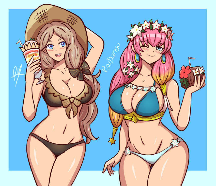 1girl 2_girls alluring big_breasts bikini fire_emblem fire_emblem:_three_houses fire_emblem_heroes gunnthra_(fire_emblem) gunnthra_(summer)_(fire_emblem) intelligent_systems mercedes_von_martritz mercedes_von_martritz_(summer) pink_hair raydango swimsuit