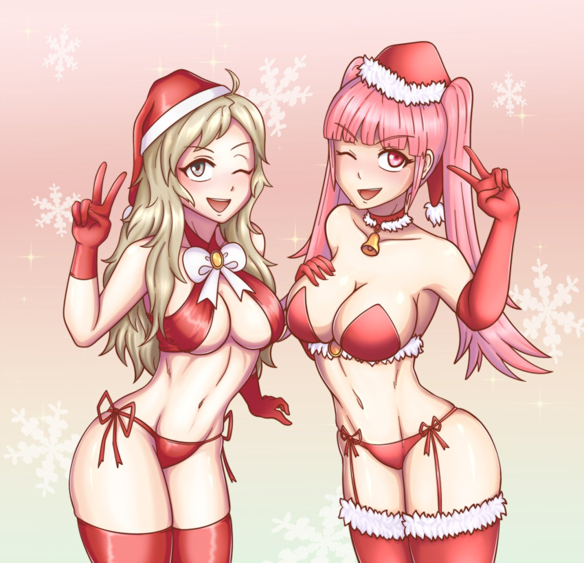 1girl 2_girls ;d alluring alternate_costume bangs bare_shoulders bell bell_collar big_breasts blonde_hair christmas christmas_outfit cleavage clothed clothing elbow_gloves female_only fire_emblem fire_emblem:_three_houses fire_emblem_fates garter_straps gloves grey_eyes hat hayato_stuff hilda_valentine_goneril intelligent_systems long_hair multiple_females multiple_girls nintendo one_eye_closed open_mouth ophelia_(fire_emblem) panties pink_eyes pink_hair red_panties smile stockings twin_tails v wink