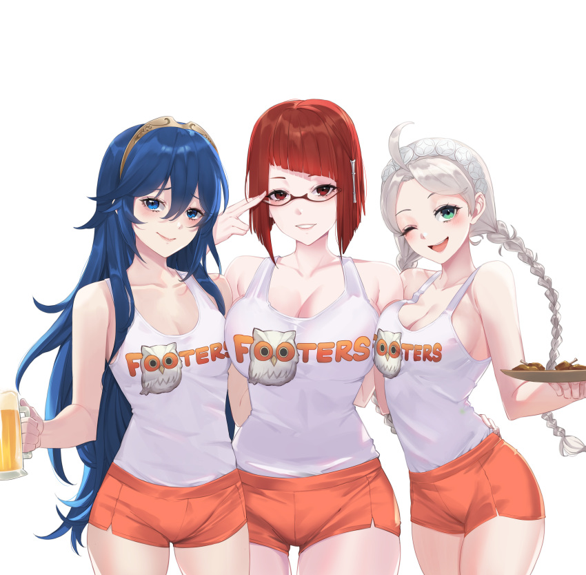 1girl 3_girls absurd_res adjusting_eyewear ahoge alcohol alluring alternate_costume bangs bare_shoulders beer beer_mug big_breasts blue_eyes blue_hair braid breast_press chicken_(food) chicken_wing closed_mouth commission cup feh_(fire_emblem_heroes) female_only fire_emblem fire_emblem_awakening fire_emblem_fates fire_emblem_heroes fire_emblem_warriors food glasses high_res holding holding_tray hooters hugging intelligent_systems lineup long_hair looking_at_viewer lucina lucina_(fire_emblem) medium_breasts medium_hair miriel_(fire_emblem) mug multiple_females multiple_girls nina_(fire_emblem) nintendo non-web_source open_mouth red_eyes red_hair ritdelba short_shorts shorts small_breasts smile stockings tank_top teeth tiara tray twin_braids upper_body upper_teeth waitress white_hair