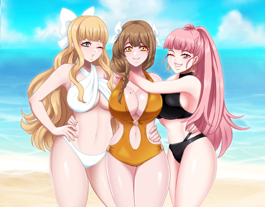 1girl 3_girls alluring alternate_costume big_breasts bikini black_bikini black_swimsuit blonde_hair brown_hair center_opening charlotte_(fire_emblem) cleavage female_only fire_emblem fire_emblem:_three_houses fire_emblem_engage fire_emblem_fates goldmary_(fire_emblem) hilda_valentine_goneril hugging incognigoat intelligent_systems long_hair navel navel_cutout nintendo one-piece_bikini pink_hair ponytail swimsuit very_long_hair white_bikini white_swimsuit yellow_bikini yellow_one-piece_bikini