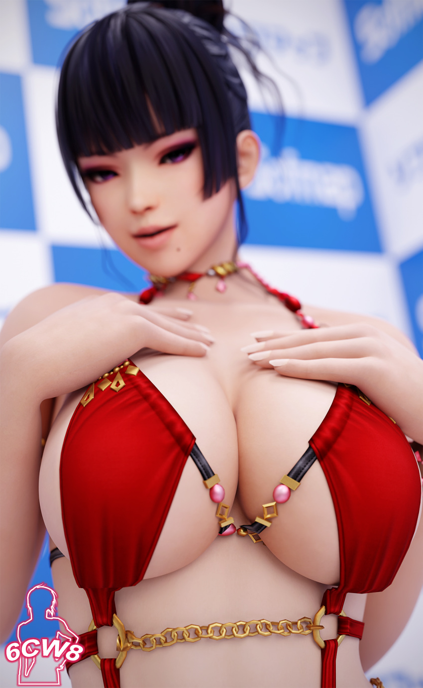 1girl 6cw8 alluring big_breasts bikini black_hair dead_or_alive dead_or_alive_6 dead_or_alive_xtreme_venus_vacation nyotengu one-piece_bikini purple_eyes tecmo under_boob