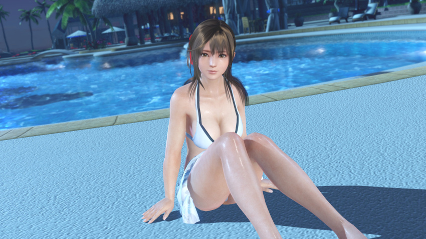 1girl 6cw8 alluring big_breasts bikini cleavage dead_or_alive dead_or_alive_xtreme_venus_vacation misaki_(doa) pareo pin_up silf swimming_pool tecmo