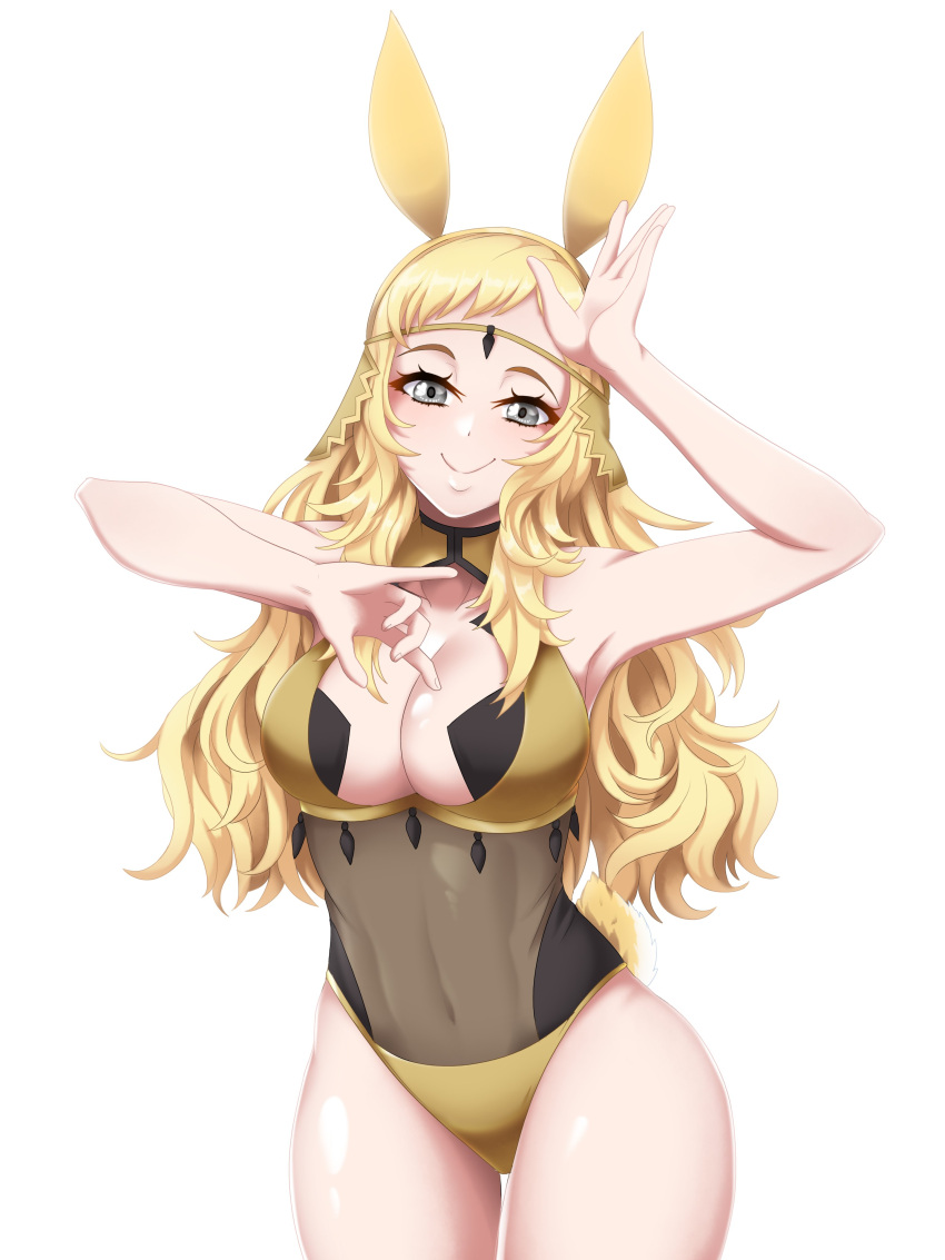 1girl absurd_res adapted_costume alluring animal_ears arms_up bare_legs big_breasts blonde_hair cleavage cleavage_cutout clothing_cutout fire_emblem fire_emblem_fates fire_emblem_heroes fire_emblem_warriors headband high_res intelligent_systems long_hair navel nintendo ophelia_(fire_emblem) playboy_bunny rabbit_ears rabbit_tail see-through_clothes seityr short_bangs sleeveless smile tail