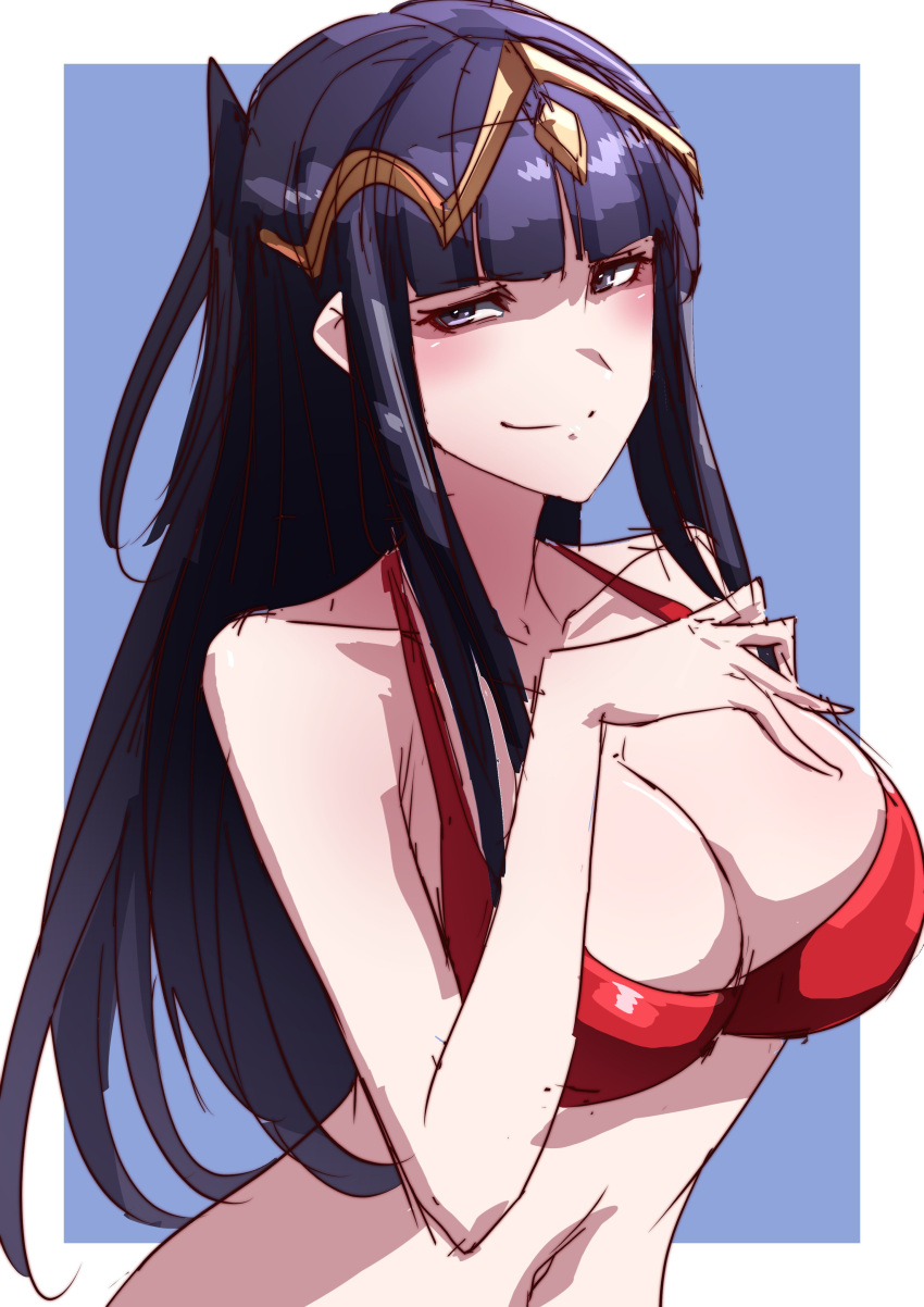 1girl absurd_res alternate_costume bare_shoulders big_breasts bikini black_hair blunt_bangs cleavage collarbone female_only fire_emblem fire_emblem_awakening fire_emblem_warriors grey_eyes hair_ornament high_res intelligent_systems long_hair looking_at_viewer navel nintendo red_bikini red_swimsuit smile swimsuit tharja tharja_(fire_emblem) to_(tototo_tk) twin_tails upper_body