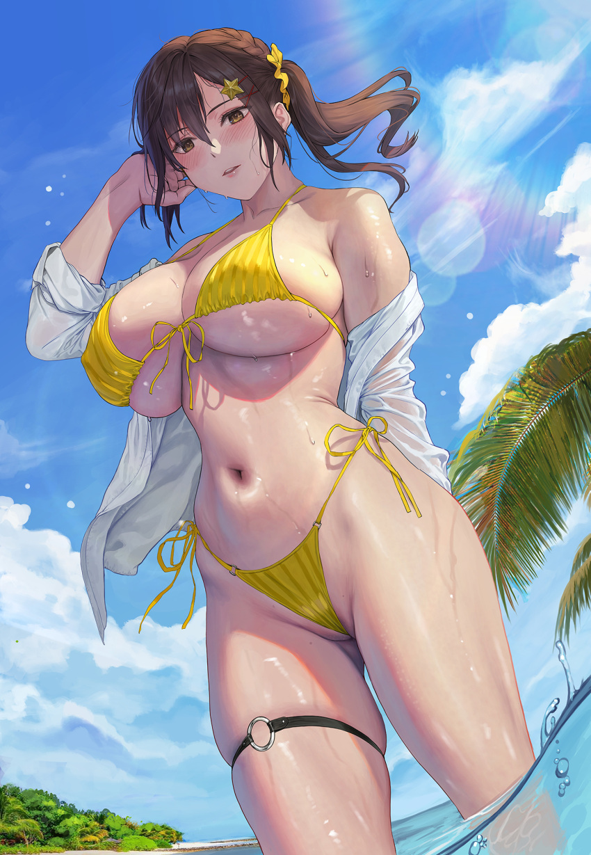 1girl adjusting_hair alluring big_breasts bikini brown_eyes brown_hair cleft_of_venus dead_or_alive dead_or_alive_xtreme_venus_vacation hair_ornament high_res jeneral long_hair looking_at_viewer misaki_(doa) navel o-ring off_shoulder open_clothes open_mouth open_shirt outside paid_reward_available partially_submerged partially_visible_vulva ponytail shirt silf standing star_(symbol) star_hair_ornament swimsuit tecmo wet wet_clothes wet_shirt white_shirt x_hair_ornament yellow_bikini