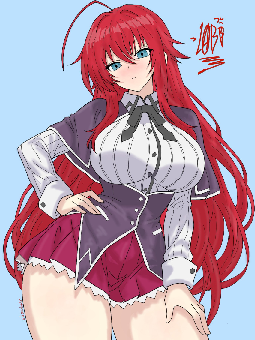 1girl ahoge artist_logo artist_name big_breasts black_bow blue_background blush bow breasts drawlab33t hand_on_hip hand_on_own_hip hand_on_own_thigh hand_on_thigh high_school_dxd long_hair looking_at_viewer red_hair rias_gremory school_uniform simple_background skirt solo_female solo_focus thick_thighs thighs