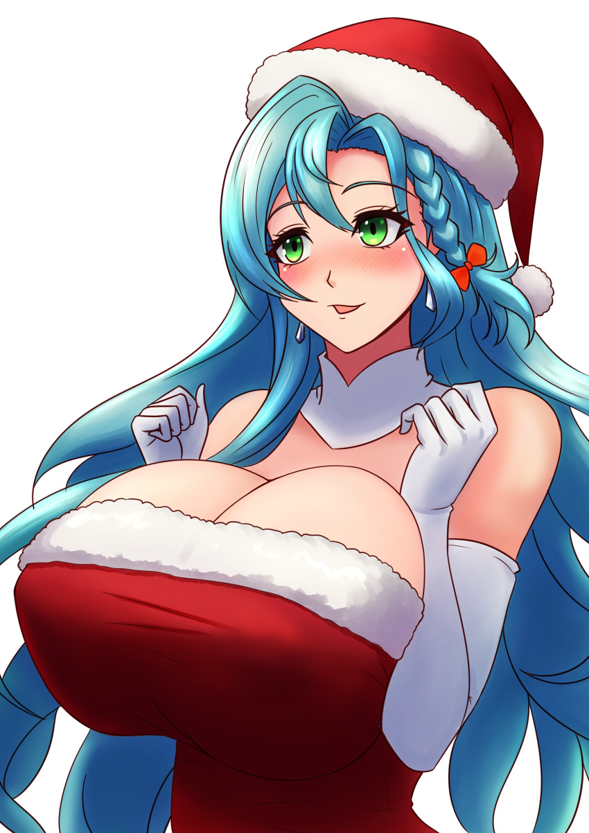 1girl alluring alternate_costume aqua_hair big_breasts chloe_(fire_emblem) christmas christmas_outfit cleavage female_only fire_emblem fire_emblem_engage green_eyes intelligent_systems nintendo santa_hat santa_outfit willanator