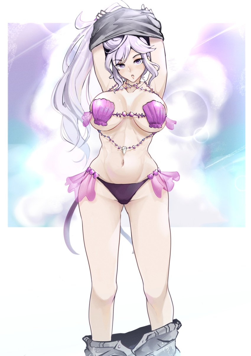 1girl alluring alternate_costume athletic_female bad_censor bare_legs big_breasts bikini censored commission corrin_(fire_emblem)_(cosplay) cosplay covered_nipples covering female_abs fire_emblem fire_emblem:_genealogy_of_the_holy_war fit_female intelligent_systems ishtar_(fire_emblem) long_hair looking_at_viewer nintendo pants_down ponytail purple_eyes purple_hair seashell seashell_bra shell_bikini solo_female undressing vialnite