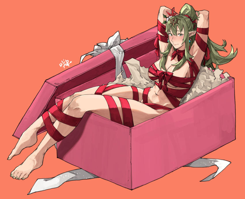 1girl alluring arms_up bangs barefoot big_breasts blush christmas christmas_present cleavage closed_mouth completely_nude english_commentary feet female_only fire_emblem fire_emblem_awakening fire_emblem_warriors full_body gift green_eyes green_hair hair_ornament high_res intelligent_systems jewelry long_hair looking_at_viewer naked_ribbon navel nintendo nude nude_female pointy_ears ponytail ribbon sakuremi sitting smile tiara tiki_(adult)_(fire_emblem) tiki_(fire_emblem) tiki_(fire_emblem)_(adult) toes