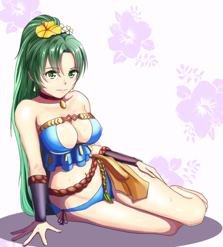 1girl alluring bare_shoulders big_breasts bikini blue_bikini blush choker cleavage cleavage_cutout clothing_cutout collarbone commentary_request earrings female_focus fire_emblem fire_emblem:_the_blazing_blade fire_emblem_heroes fire_emblem_warriors floral_background flower green_eyes green_hair hair_flower hair_ornament high_res intelligent_systems jewelry light_blush light_smile long_hair looking_at_viewer lyn lyn_(fire_emblem) lyn_(lady_of_the_beach)_(fire_emblem) lyndis_(fire_emblem) nintendo official_alternate_costume ponytail side-tie_bikini_bottom sitting strapless strapless_bikini sukkirito_(rangusan) swept_bangs swimsuit very_long_hair wristband yokozuwari