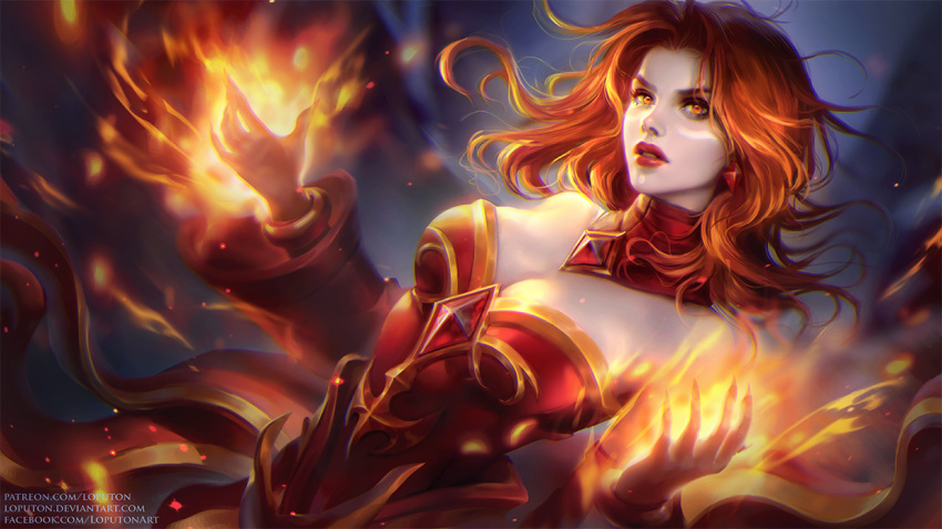 1girl angry bangs bare_shoulders big_breasts blurry blurry_background breasts cleavage defense_of_the_ancients dota dota_2 dress dutch_angle earrings ember embers female_only female_solo fire floating_hair gem gemstone hands_up jewelry lina lina_the_slayer_(dota) lips lipstick long_dress long_hair looking_at_viewer loputon loputon_(artist) magic makeup medium_breasts neck orange_eyes orange_hair parted_bangs parted_lips red_dress red_earrings red_gem red_gemstone red_lipstick ruby ruby_(gem) ruby_(gemstone) serious sorceress straight_hair strapless strapless_dress wavy_hair