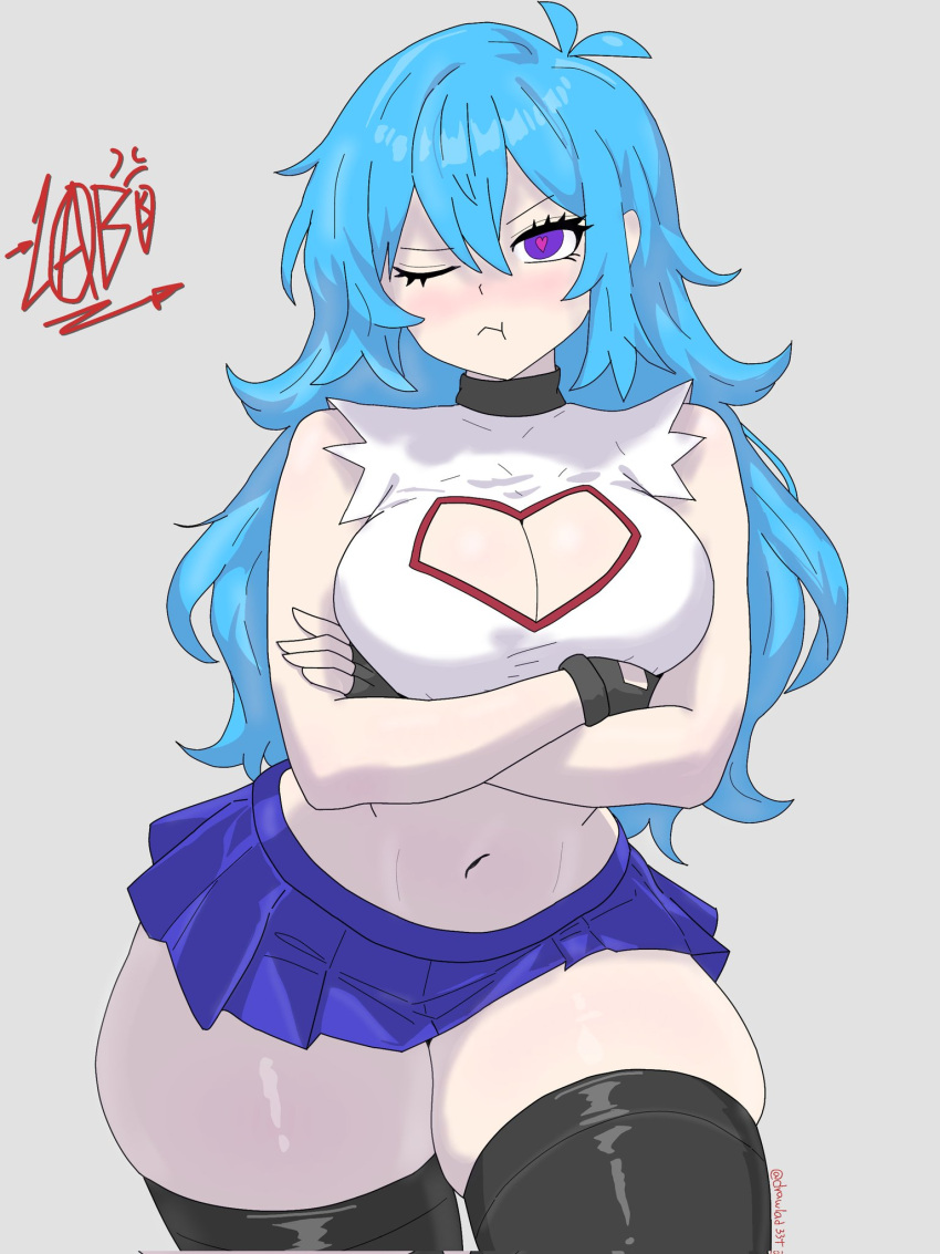 1girl arms_crossed artist_name big_breasts black_thighhighs blue_hair blue_skirt blush breasts cleavage cleavage_cutout drawlab33t friday_night_funkin friday_night_funkin_mod heart-shaped_pupils long_hair looking_at_viewer navel not_porn one_eye_closed pout purple_eyes sfw short_skirt simple_background skirt skyblue skyblue_(friday_night_funkin) skyverse stockings thick_thighs thighs