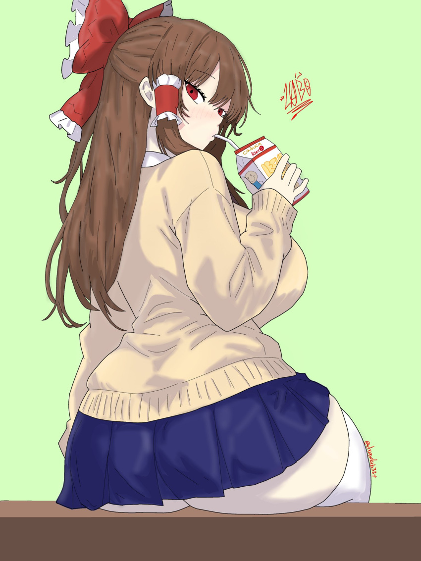 1girl artist_name ass big_breasts blue_skirt breasts brown_hair cardigan drawlab33t drinking hakurei_reimu large_ass long_hair looking_at_viewer looking_back red_eyes reimu_hakurei school_uniform sitting skirt stockings touhou white_thighhighs