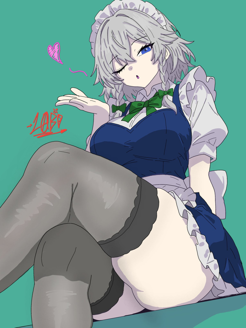 1girl ass big_ass big_breasts blue_eyes breasts drawlab33t heart izayoi_sakuya kissing looking_at_viewer maid maid_outfit maid_uniform one_eye_closed open_mouth sakuya_izayoi thick_thighs thighs touhou wink