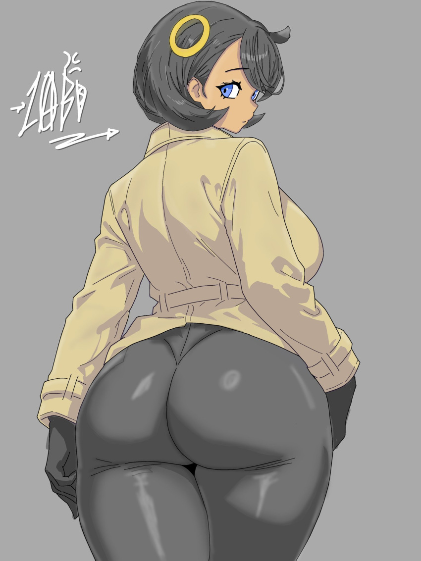 1girl ass big_breasts black_hair blue_eyes breasts coat detective drawlab33t emma_(pokemon) emma_(pokemon_legends:_z-a) grey_background hair_ornament large_ass looking_at_viewer looking_back matiere_(pokemon) matiere_(pokemon_legends:_z-a) nintendo pokemon pokemon_legends:_z-a short_hair simple_background