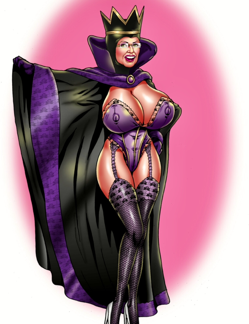 1girl balaclava big_breasts bitch breasts cloak cosplay crown disney garter_straps glasses high_heels high_res huge_breasts legs milf non-nude one-piece open_mouth parody politics posing sarah_palin sexy slut snow_white_and_the_seven_dwarfs standing stockings the_evil_queen thick_thighs wide_hips