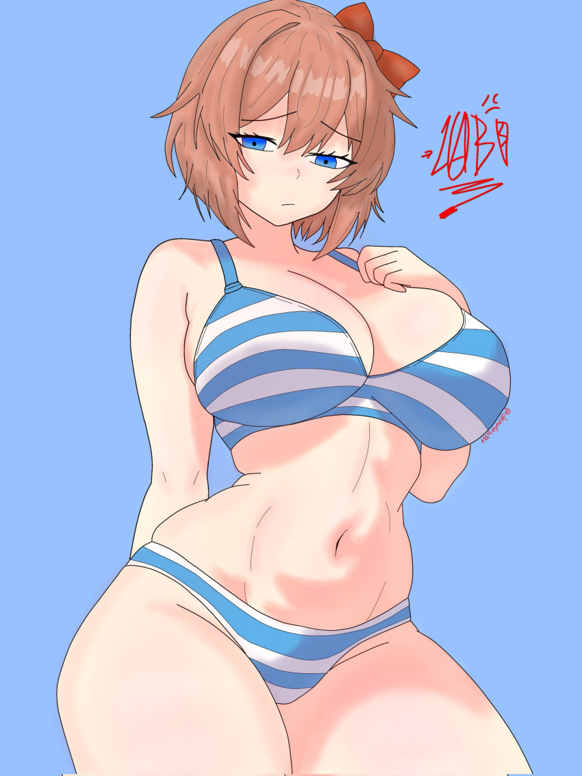 1girl bare_shoulders big_breasts blue_background blue_eyes bow bra bra_and_panties breasts cleavage doki_doki_literature_club drawlab33t female_only hairbow navel panties sayori_(doki_doki_literature_club) short_hair simple_background solo_female striped_bra striped_panties thick_thighs thighs underwear