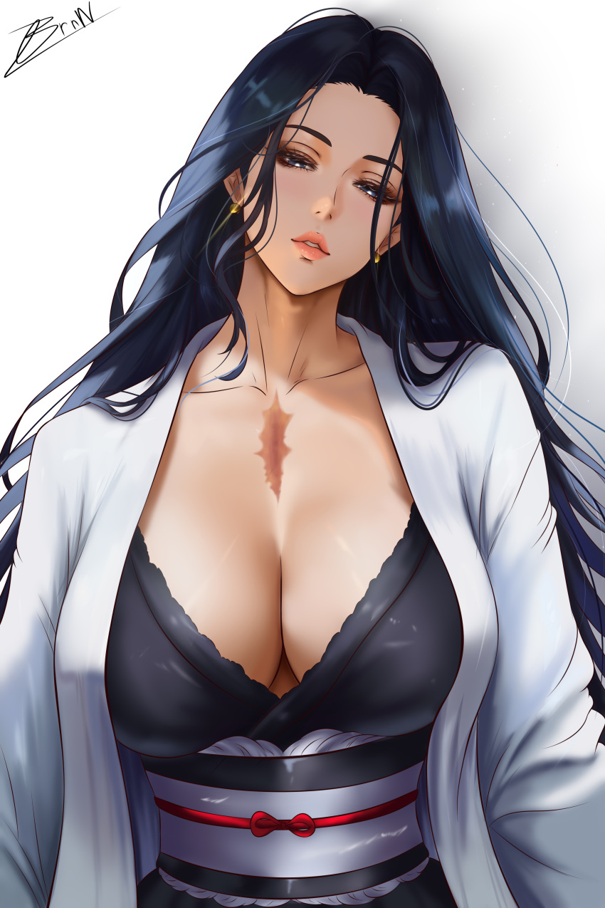 1girl big_breasts black_hair bleach blue_eyes brnn bubble_butt cleavage horny inviting_to_sex looking_at_viewer pose retsu_unohana standing teasing thick_thighs unohana_retsu