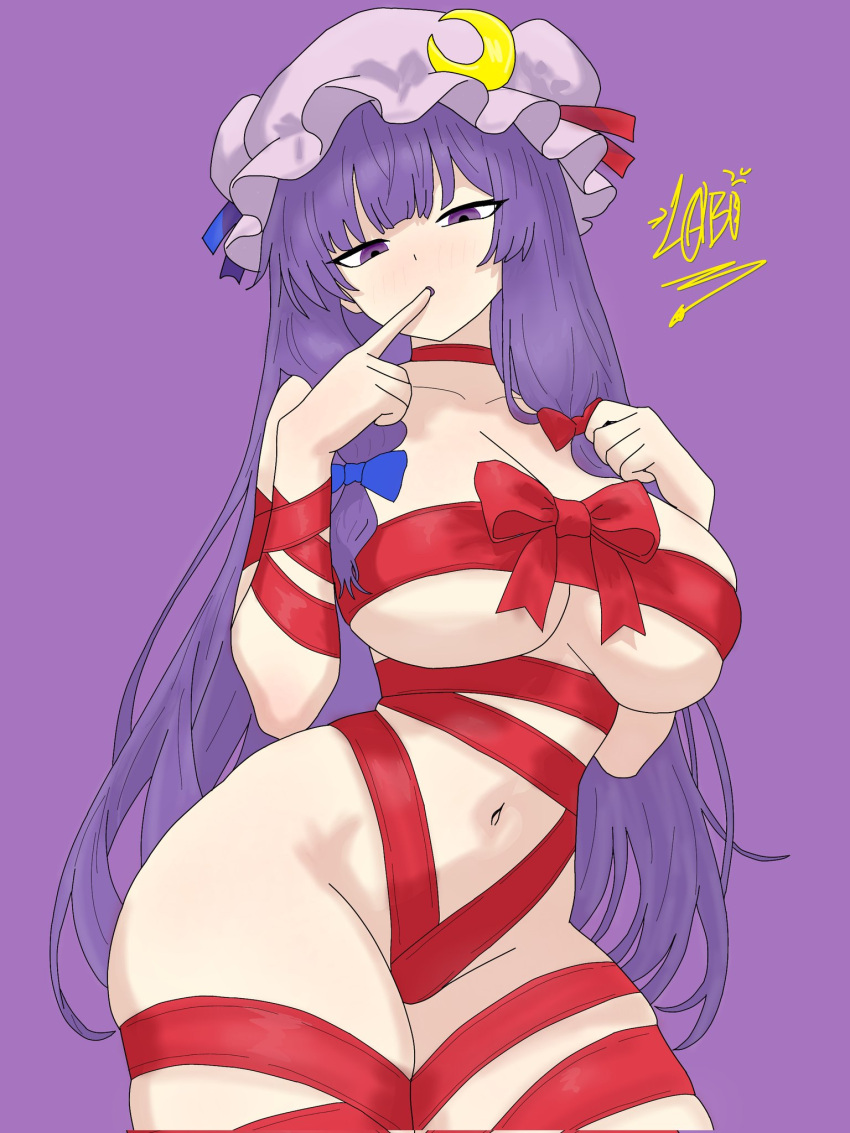 1girl big_breasts breasts christmas cleavage drawlab33t hat long_hair looking_at_viewer mostly_nude navel patchouli_knowledge purple_background purple_eyes purple_hair simple_background thick_thighs thighs touhou