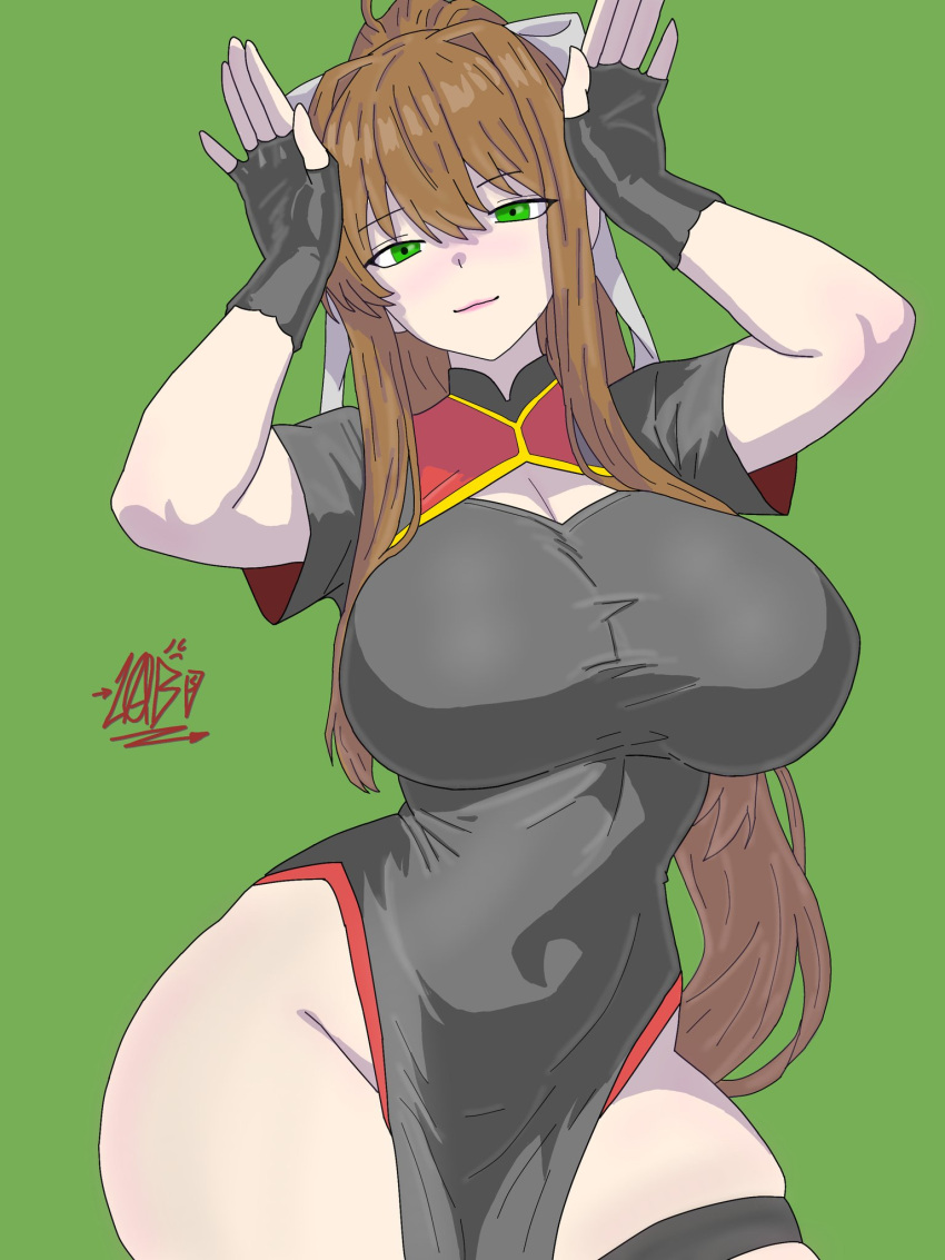 1girl big_breasts breasts doki_doki_literature_club drawlab33t green_eyes hips looking_at_viewer monika_(doki_doki_literature_club) ponytail qipao thick_thighs thighs wide_hips