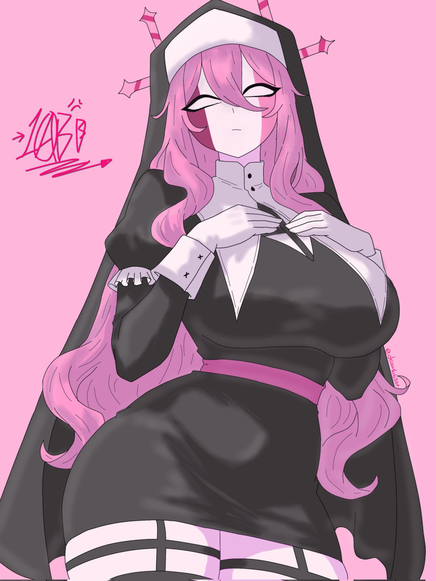 1girl big_breasts breasts drawlab33t friday_night_funkin friday_night_funkin_mod gloves long_hair looking_at_viewer mid-fight_masses mid-fight_masses_(fnf_mod) mid_fight_masses midfight_masses nun nun's_habit nun_habit nun_hat nun_outfit pink_background pink_hair sarvente_(dokki.doodlez) sarvente_(friday_night_funkin) simple_background thick_thighs thighs white_gloves