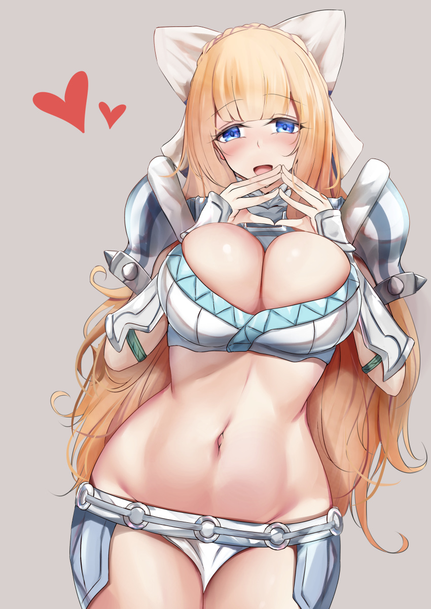 1girl :d absurd_res alluring armor bangs bare_midriff bare_thighs belt big_breasts bikini_armor blonde_hair blue_eyes charlotte_(fire_emblem) cleavage fingers_together fire_emblem fire_emblem_fates grey_background hand_on_own_chest happy heart high_res inner_thighs intelligent_systems kokihanada long_hair looking_at_viewer midriff navel nintendo open_mouth panties smile thighs underwear upper_body very_long_hair white_panties
