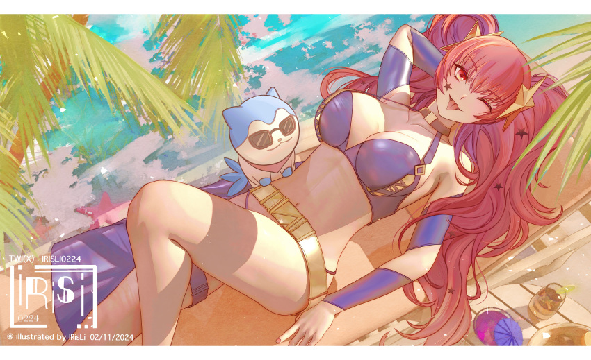 1girl ;p absurd_res alluring alternate_costume alternate_hairstyle bare_shoulders belt big_breasts bikini cleavage commentary fire_emblem fire_emblem_engage high_res intelligent_systems irisli0224 knee_up long_hair looking_at_viewer lying navel nintendo on_back one_eye_closed purple_bikini red_hair smile sommie_(fire_emblem) stomach swimsuit thighs tongue tongue_out twin_tails very_long_hair yunaka_(fire_emblem)