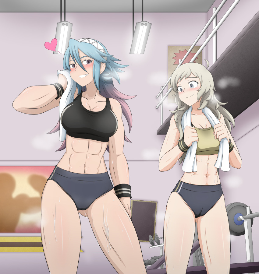 2_girls abs absurd_res alluring athletic_female big_breasts blonde_hair blue_hair buruma closed_eyes closed_mouth commission commissioner_upload dumbbell female_abs fire_emblem fire_emblem_fates fire_emblem_warriors fit_female gluteal_fold gradient_hair grey_eyes gym hair_between_eyes hair_ornament heavy_breathing high_res holding holding_towel indoors intelligent_systems long_hair looking_at_another luna_xd medium_breasts multicolored_hair multiple_girls navel nintendo open_mouth ophelia_(fire_emblem) purple_eyes railing soleil_(fire_emblem) sports_bra sportswear steaming_body sweat toned toned_female towel towel_around_neck very_long_hair wristband
