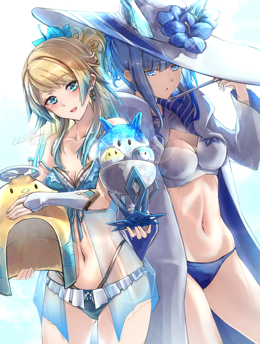 2_girls absurd_res adapted_costume alluring alternate_costume bare_shoulders big_breasts bikini blonde_hair blue_eyes blue_hair blush clear_glass_(mildmild1311) cleavage clothing_cutout collarbone commentary_request cup disposable_cup disposable_ice_cream_cup earrings fire_emblem fire_emblem_heroes fjorm_(fire_emblem) flower food gradient_clothes gradient_hair hair_ornament hat hibiscus high_res holding ice_cream intelligent_systems jewelry long_hair long_sleeves looking_at_viewer medium_breasts multicolored_hair multiple_girls navel nifl_(fire_emblem) nifl_(summer)_(fire_emblem) nintendo open_mouth see-through_clothes signature simple_background smile spoon stomach sun_hat swimsuit two-tone_hair white_background