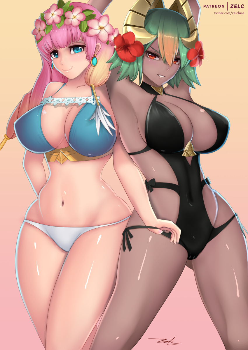 2_girls absurd_res alluring arms_up big_breasts bikini black_one-piece_bikini blonde_hair blue_eyes cleavage closed_mouth covered_navel curvy dark-skinned_female dark_skin earrings fire_emblem fire_emblem_heroes flower gradient_background gradient_hair green_hair gunnthra_(fire_emblem) gunnthra_(summer)_(fire_emblem) hair_flower hair_ornament head_wreath high_res intelligent_systems jewelry laegjarn_(fire_emblem) laegjarn_(summer)_(fire_emblem) long_hair multicolored_hair multiple_girls navel nintendo one-piece_bikini orange_hair pink_hair red_eyes shiny_skin short_hair signature silf simple_background smile standing swimsuit watermark web_address wide_hips zelc-face
