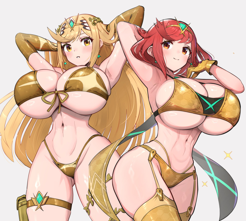 2_girls alluring athletic_female big_breasts blonde_hair female_abs fit_female gold_bikini gonzarez mythra_(xenoblade) nintendo pyra_(xenoblade) red_eyes red_hair under_boob xenoblade_(series) xenoblade_chronicles_2