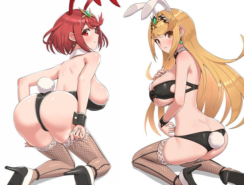 2_girls alluring big_breasts blonde_hair bunny_ears cleavage gold_eyes gonzarez heroine heroines highleg_leotard leotard mythra_(xenoblade) nintendo playboy_bunny pyra_(xenoblade) red_eyes red_hair sideboob under_boob xenoblade_(series) xenoblade_chronicles_2