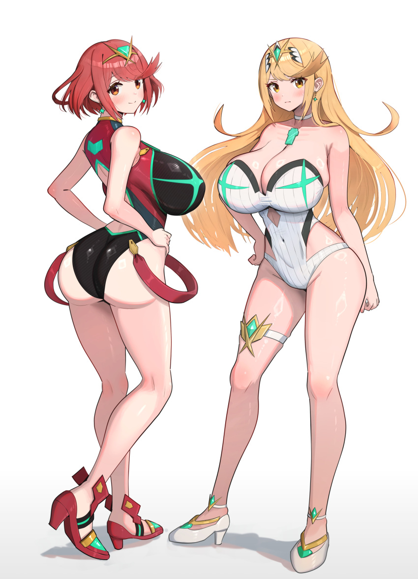 2girls absurd_res alluring alternate_costume ass back_view big_breasts black_swimsuit blonde_hair choker cleavage curvy earrings female_only front_view gonzarez hands_on_hips high_heels high_res long_hair looking_at_viewer milf monolith_soft mythra_(radiant_beach)_(xenoblade) mythra_(xenoblade) nintendo official_alternate_costume one-piece_bikini one-piece_swimsuit pyra_(pro_swimmer)_(xenoblade) pyra_(xenoblade) red_eyes red_hair short_hair slim_waist smile swimsuit thick_thighs thigh_strap thighs voluptuous white_swimsuit wide_hips xenoblade_(series) xenoblade_chronicles_2 yellow_eyes
