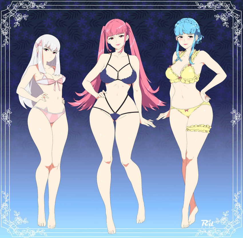 3_girls absurd_res alluring alternate_breast_size_(larger) alternate_costume artist_logo artist_name big_breasts bikini blue_background blue_bikini blue_hair blunt_bangs blush bow braid brown_eyes closed_mouth collarbone crown_braid eyelashes feet fire_emblem fire_emblem:_three_houses floral_background flower frilled_bikini frills front-tie_bikini_top front-tie_top gradient_background grey_hair hair_bow hair_ornament hand_on_own_hip hands_on_own_hips hat high_res hilda_valentine_goneril intelligent_systems legs lips logo long_hair looking_at_viewer lysithea_von_ordelia marianne_von_edmund medium_breasts micro_bikini multiple_girls navel nintendo patterned_clothing pink_bikini pink_bow pink_eyes pink_lips r3dfive short_hair_with_long_locks sidelocks smile swimsuit thigh_strap thighs tiptoes toenails toes twin_tails very_long_hair yellow_bikini