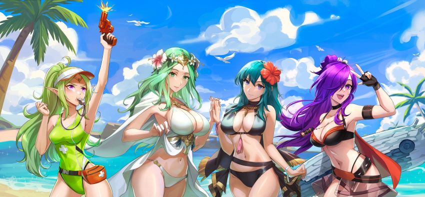 4girls absurd_res ahoge alluring arm_up bare_shoulders beach big_breasts bikini bikini_boody bird black_bikini black_cape black_choker blowing_whistle blue_eyes blue_sky byleth_(fire_emblem) byleth_(fire_emblem)_(female) byleth_(summer)_(fire_emblem)_(female) cape choker circlet cleavage closed_mouth cloud collarbone commentary commission covered_navel english_commentary fanny_pack fire_emblem fire_emblem:_three_houses fire_emblem_awakening fire_emblem_heroes fire_emblem_warriors:_three_hopes flare_gun flower green_eyes green_hair green_one-piece_bikini gun hair_between_eyes hair_flower hair_ornament hair_over_one_eye hibiscus high_res holding holding_gun holding_weapon lifeguard long_hair looking_at_viewer medium_breasts multiple_girls navel nintendo nowi_(fire_emblem) ocean official_alternate_costume one-piece_bikini open_mouth palm_tree pointy_ears ponytail purple_eyes purple_hair red_flower rhea_(fire_emblem) rhea_(summer)_(fire_emblem) rock shez_(fire_emblem) shez_(fire_emblem)_(female) shez_(summer)_(fire_emblem) sky smile stomach surfboard swimsuit teal_hair tree visor_cap water weapon whistle white_bikini white_flower