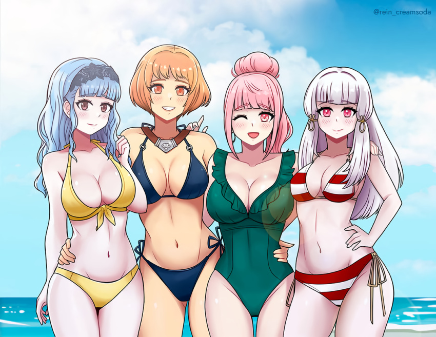 4girls alluring alternate_costume big_breasts bikini blue_bikini blue_hair breasts_apart cleavage female_focus fire_emblem fire_emblem:_three_houses green_one-piece_bikini hilda_valentine_goneril intelligent_systems leonie_pinelli long_hair looking_at_viewer lysithea_von_ordelia marianne_von_edmund matching_hair/eyes multiple_girls navel nintendo one-piece_swimsuit one_eye_closed open_mouth orange_eyes orange_hair pink_eyes pink_hair rein_creamsoda side-tie_bikini_bottom small_breasts smile standing stomach striped_bikini striped_clothes swimsuit white_hair wink yellow_bikini