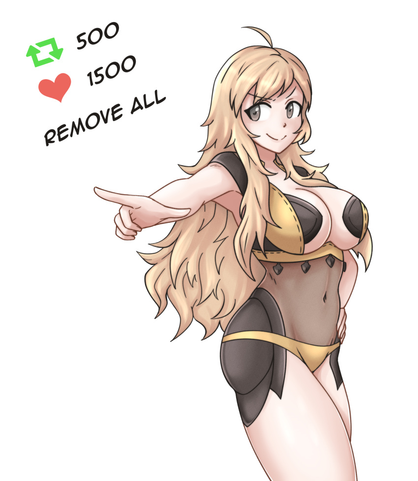>:) 1girl aged_up ahoge alluring bare_thighs big_breasts blonde_hair cleavage english_text female_only fire_emblem fire_emblem_fates grey_eyes hayato_stuff intelligent_systems long_hair meme nintendo ophelia_(fire_emblem) panties pointing pose smile smug stripping text thick_thighs thighs twitter_strip_game under_boob underwear undressing very_long_hair white_background yellow_panties