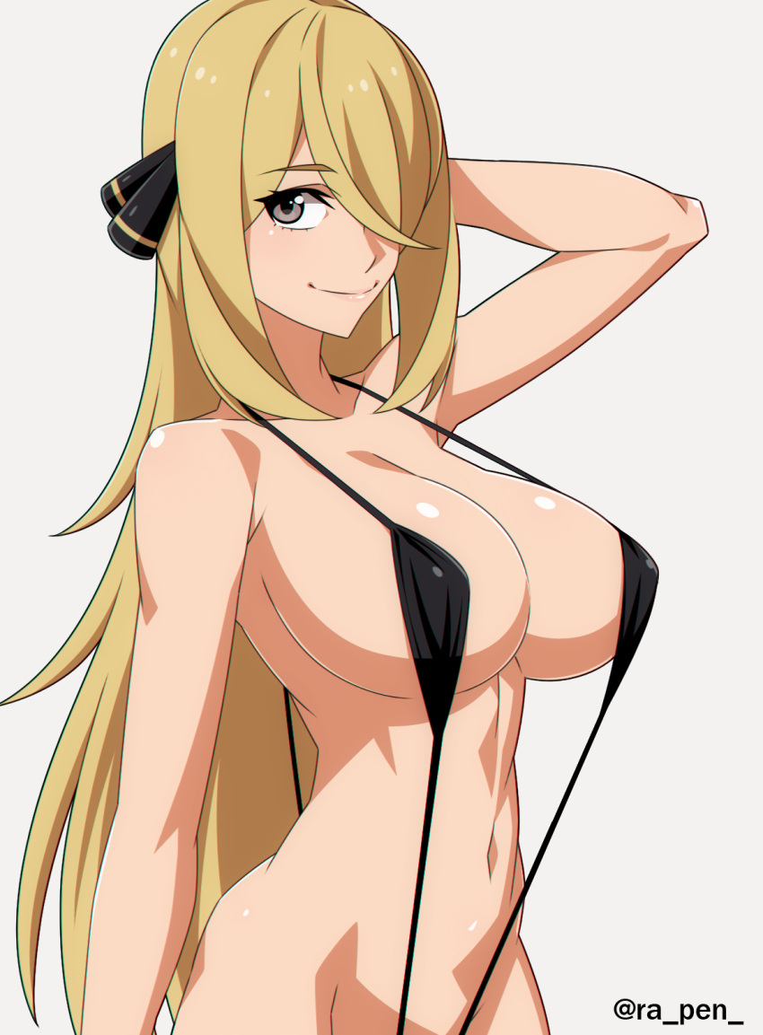 1girl alluring big_breasts bikini blonde_hair cynthia cynthia_(pokemon) eye_contact grey_eyes hair_ornament long_hair looking_at_viewer micro_bikini nintendo pokemon pokemon_dppt ra_pen_ sling_bikini smile