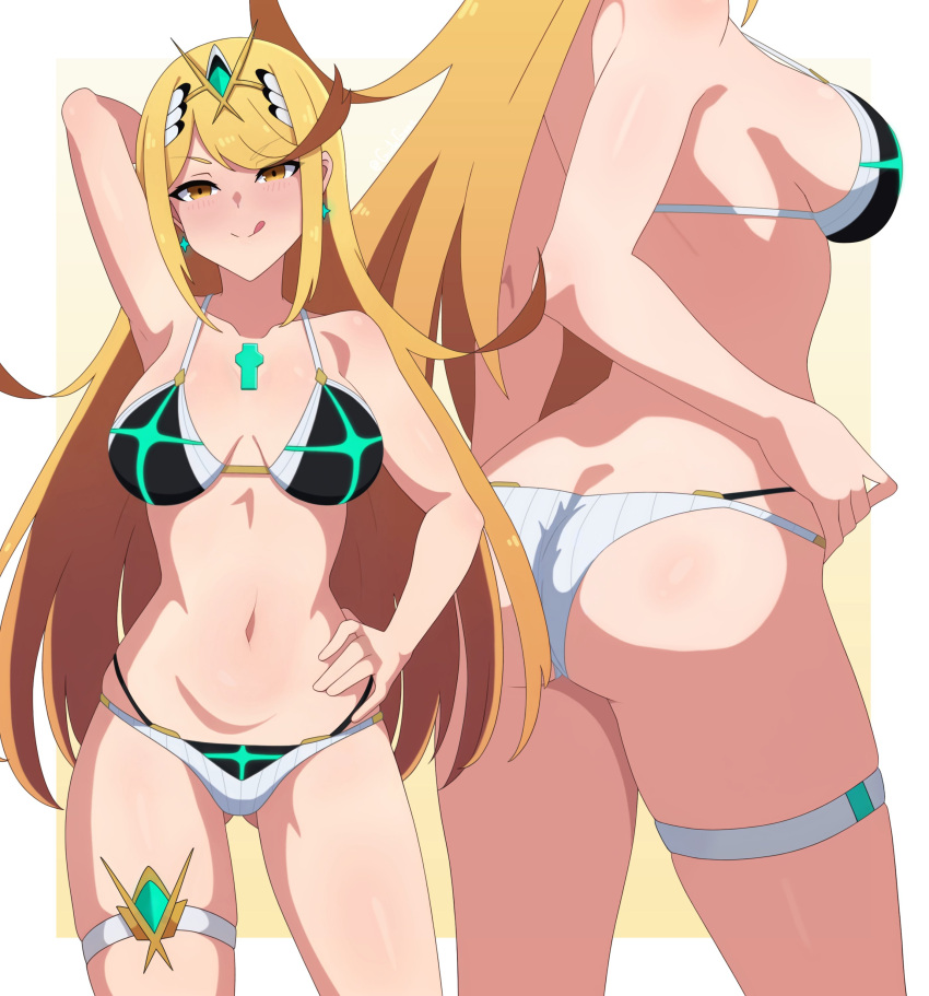1girl 1girl 1girl absurd_res alluring big_breasts border chest_jewel closed_mouth clothed collarbone guilegaze high_res long_hair looking_at_viewer mythra_(xenoblade) navel stomach very_long_hair white_border xenoblade_(series) xenoblade_chronicles_2 yellow_eyes