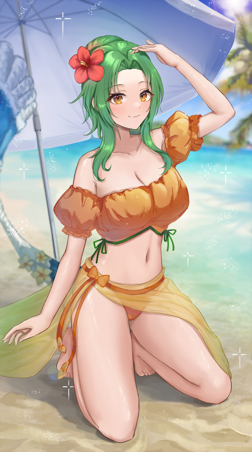 1girl alluring arm_up beach big_breasts bikini cleavage collarbone elincia_ridell_crimea fire_emblem fire_emblem:_path_of_radiance fire_emblem:_radiant_dawn fire_emblem_heroes full_body green_hair high_res intelligent_systems kneel looking_at_viewer medium_hair navel nintendo official_alternate_costume orange_bikini orange_eyes outside parasol sarong sauvignon see-through_clothes short_sleeves sidelocks smile swimsuit thighs umbrella water