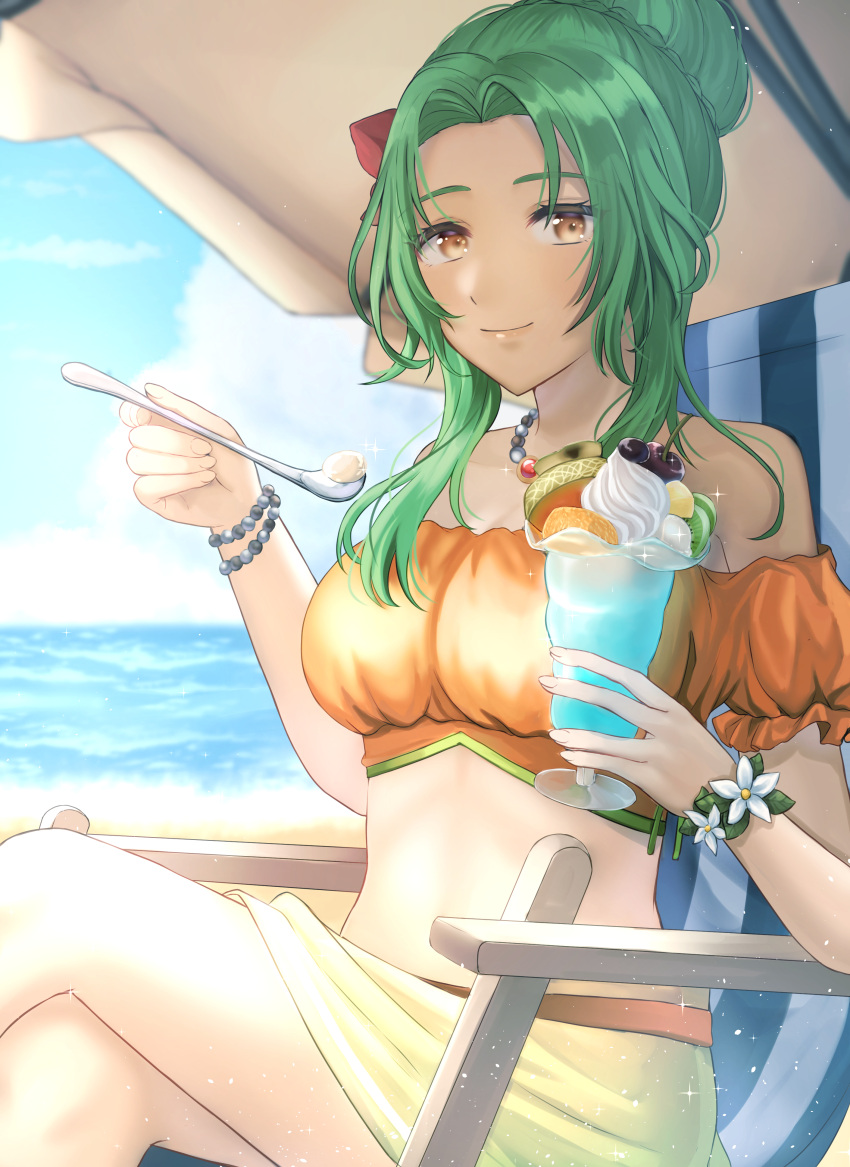 1girl 1girl absurd_res alluring bare_shoulders bead_bracelet bead_necklace beads big_breasts bikini blue_sky bracelet brown_eyes cloud cup day elincia_ridell_crimea elincia_ridell_crimea_(summer) feet_out_of_frame fire_emblem fire_emblem:_radiant_dawn fire_emblem_heroes green_hair hair_bun hand_up high_res holding holding_cup holding_spoon intelligent_systems jewelry long_hair looking_at_viewer necklace nei_(aduma1120ponpon) nintendo ocean off-shoulder_bikini off_shoulder orange_bikini outside puffy_short_sleeves puffy_sleeves sarong short_sleeves sitting sky smile spoon stomach swimsuit water