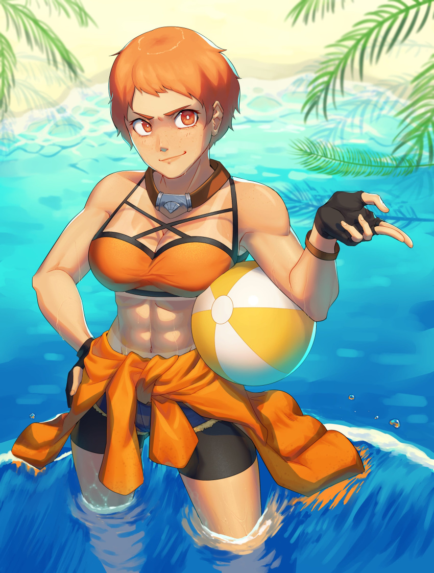 1girl 1girl absurd_res alluring alternate_costume athletic_female ball barley_juice beach beachball big_breasts bike_shorts bikini black_gloves bright_pupils commentary english_commentary female_abs female_focus fingerless_gloves fire_emblem fire_emblem:_three_houses fire_emblem_heroes fit_female from_above gloves high_res intelligent_systems leonie_pinelli leonie_pinelli_(summer) matching_hair/eyes midriff navel nintendo ocean office_lady orange_bikini orange_eyes orange_hair short_hair smile smirk standing swimsuit tan tan_line water white_pupils