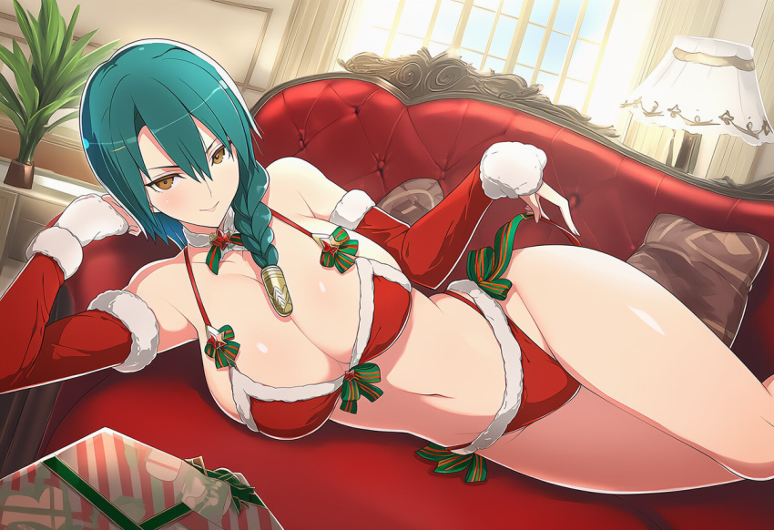 1girl accurate_art_style alluring big_breasts brown_hair christmas_lingerie cleavage couch elbow_gloves fire_emblem intelligent_systems nicado nintendo on_couch pin_up santa_bikini teal_hair thorr_(fire_emblem)