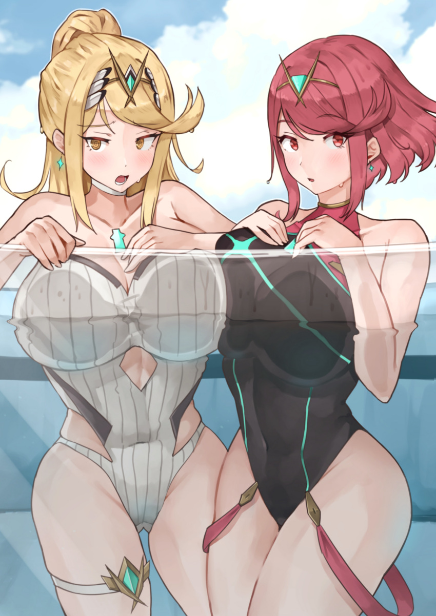 2_girls absurd_res alluring big_breasts black_one-piece_bikini chest_jewel competition_swimsuit core_crystal_(xenoblade) high_res mythra_(radiant_beach)_(xenoblade) mythra_(xenoblade) one-piece_bikini pyra_(pro_swimmer)_(xenoblade) pyra_(xenoblade) red_one-piece_bikini ribbed_swimsuit strapless strapless_one-piece_bikini swimming_pool swimsuit tiara two-tone_bikini xenoblade_(series) xenoblade_chronicles_2 yotsuha_uni